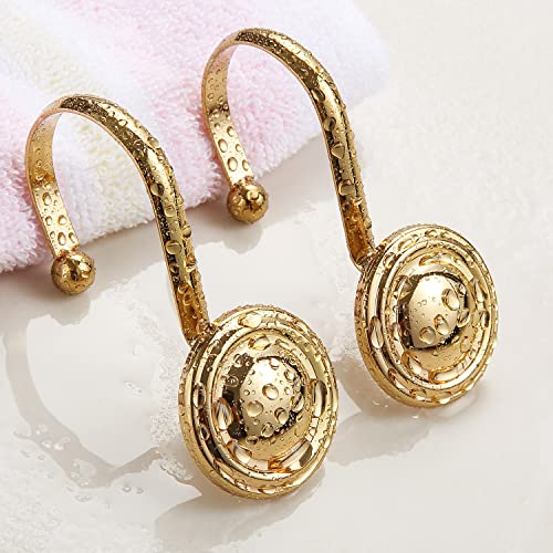 Gold Shower Curtain Hooks Rings, Zeslmg Decorative Shower Curtain Hooks For Bathroom, Rust Proof Shower Curtain Rings Hangers For Shower Curtain Rod,Set Of 12 Metal Glossy Round Design #TOP5