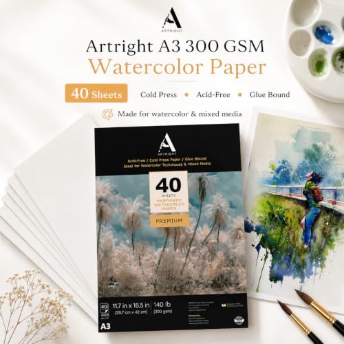 Image of ArtRight Artists' Watercolor Paper A3 300 GSM - 40 Sheets of Handmade Rough Grain Water Colour Papers for Watercolour, Acrylic, Gouache, Ink & Mixed Media
