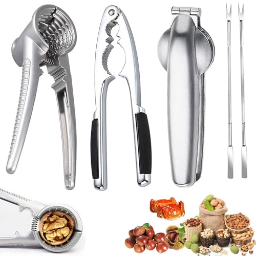 WELLXUNK 2 Pcs Nutcracker + 1 Pcs Chestnut Opener, Walnut Pliers, Stainless Steel Chestnut Opener, Walnut Cracker Tool, Chestnut Cutter, Metal Nut Cracker Tool for All Sorts of Nuts, with 2 Picks