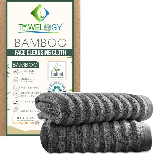 Image of Towelogy® Bamboo Face Cloths 2 Pack Super Soft Ribbed Flannel for Washing Face Premium Bamboo & Cotton Blend Perfect for Babies & Adults Bamboo Washcloths Set 30x30cm (Grey)