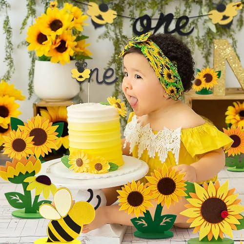 Image of 18PCS Sunflower Party Decorations Bee Party Decorations Yellow Honey Bee Felt Table Centerpieces for Tables Sunflower Decor for Home Office