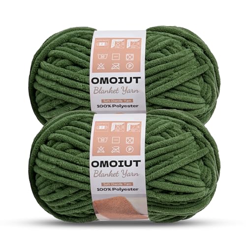 Image of OMoiout Chunky Chenille Yarn for Crocheting, 2 Pack Soft Baby Blanket Yarn, #7 Super Bulky, Chunky Knit Blanket Crochet Yarn, 14 oz /218.7 yds Fluffy Velvet Amigurumi Yarn(2 Army Green)