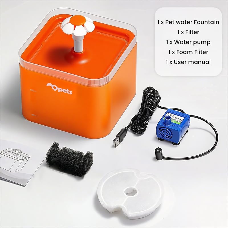 Image of Qpets 2.2L Cat Water Fountain, Auto Pet Dispenser with LED Light, Orange