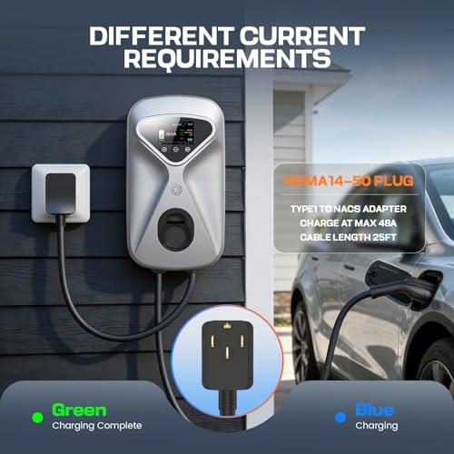 Image of Level 2 EV Charger 50 Amp Hardwired, 48 Miles Range /Hour Smart Electric Vehicle Charging Station with WiFi App, 25ft Cable, RFID & LCD Display, J1772 & Tesla Adapter, 120V Indoor /Outdoor(Silver)