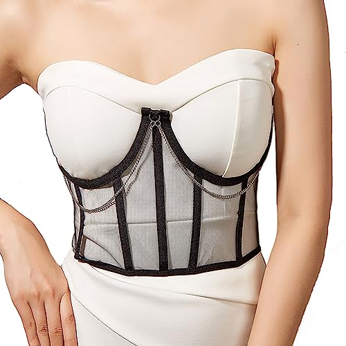 HOTWILL Underbust Corset Belts for Women Lace Up Tie Back Bustier Sheer Mesh Cincher Waist Belt with Chain Black