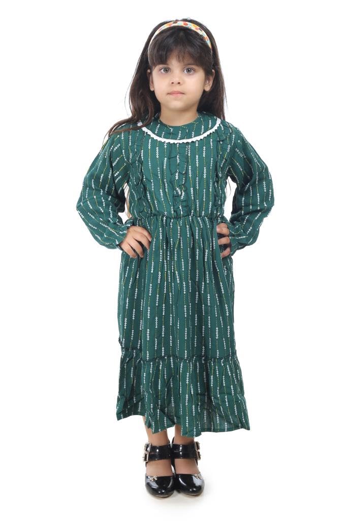 Girls Kids All Over Printed Fit n Flare Dress Green