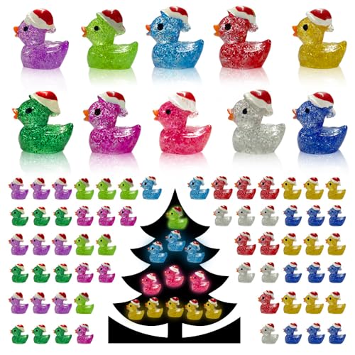 100PCS Christmas Glitter Mini Resin Ducks Luminous Miniature Figures Tiny Ducks Micro Landscape Garden Aquarium Dollhouse for Xmas Birthday Ornaments