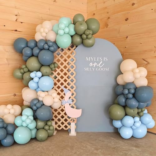 Image of Dusty Blue Sage Green Balloon Arch Kit, 140Pcs Fog Blue and Light Blue Green Sand White Balloons Different Size with Heart Foil Balloon for Baby Shower Bridal Anniversary Birthday Party Decorations