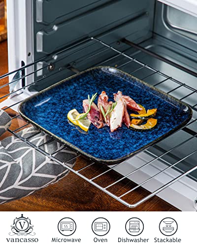 Vancasso Stern Square 4 Piece Dessert Plate Set, Reactive Change Glaze Blue 7.4 Inch Salad, Fruit, Snack Plate #TOP3