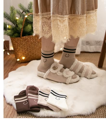Image of Deeorla Womens Striped Crew Socks Brown Vintage Retro Athletic Socks 5 Pairs