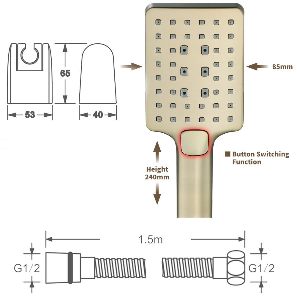 Alcachofa De Ducha, Cabezal De Ducha,1.5M Manguera Y Soporte, Cabezal De Ducha Mano Con 3 Modos, Adecuado Para Limpiar Mascotas Y Baños, Soporte De Pared, Fácil De Instalar