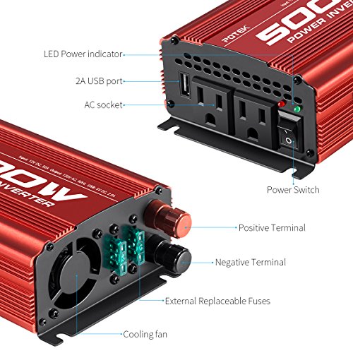 POTEK 500W Car Power Inverter DC 12V to AC 110V with 2AC outlets and 2A USB Port