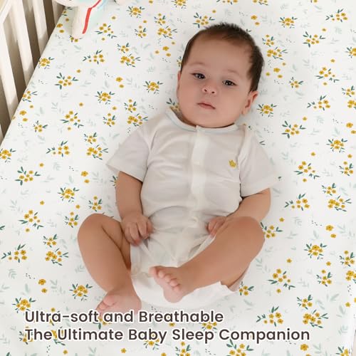 Image of david's kids 3 Pack Mini Crib Sheets, Soft Breathable Premium Pack N Play Sheets for Baby Boys Girls Neutral, Playard and Mini Crib Mattresses, Leaf & Floral