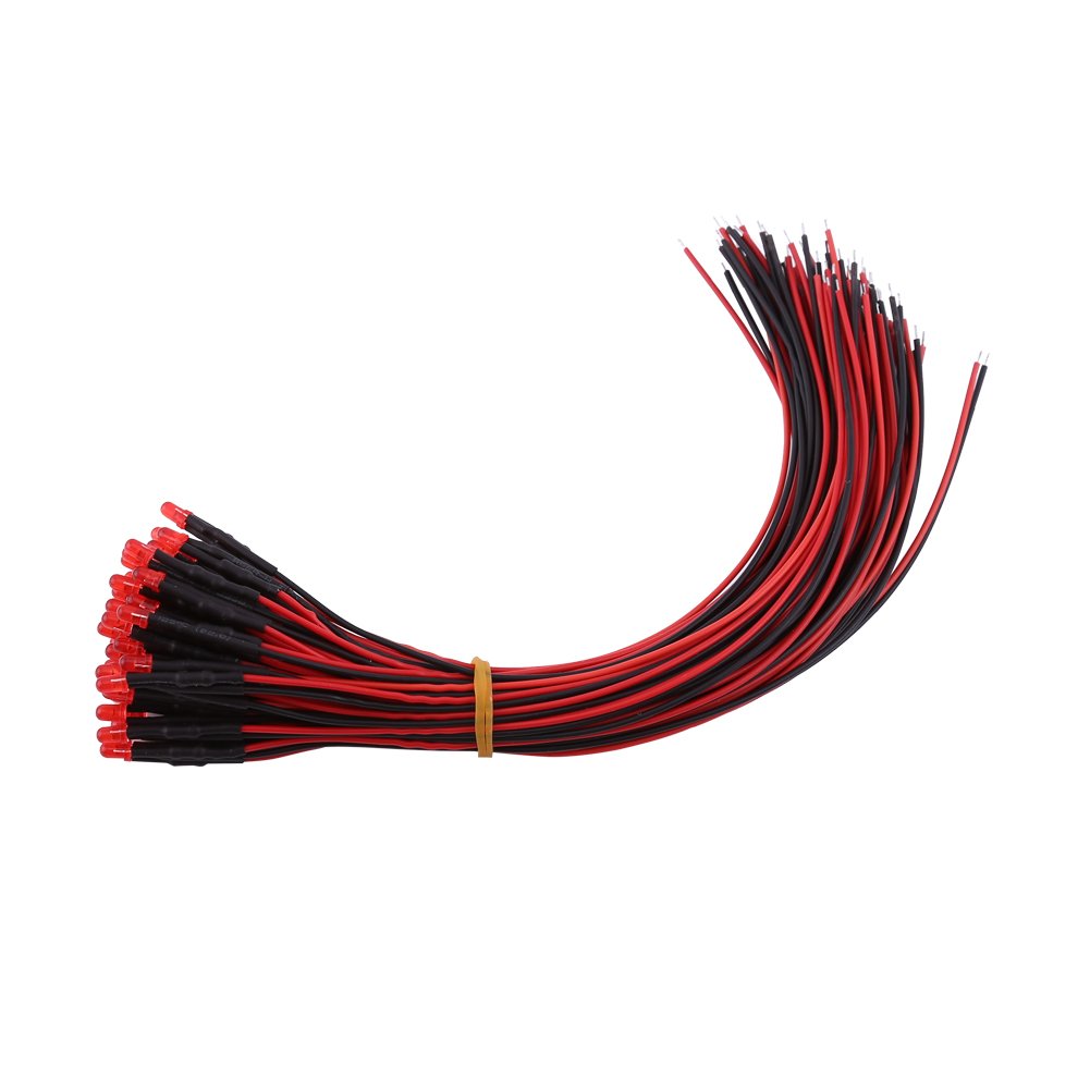 50Pcs Round Pre-Wired Diffused LED Diodes Multi Colors LED Lights Emitting Diode DC 9-12V(Red Light-3mm)
