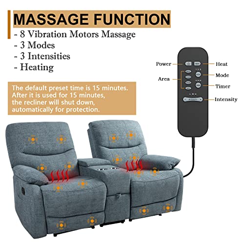 Baijiawei B Double Reclining Loveseat - Fabric Home Theater Seating With Console - 2 Seater Manual Reclining Couch For Living Room, Office (Fabric- Blue) #TOP2