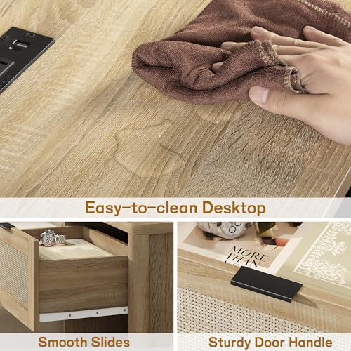Image of Boho Nightstand with Charging Station, Bedside Table with Drawer & Open Storage Shelf, Mid-Century Modern End Table Rattan-Look Drawer, Accent Side Table with Rounded Corners for Bedroom Living Room