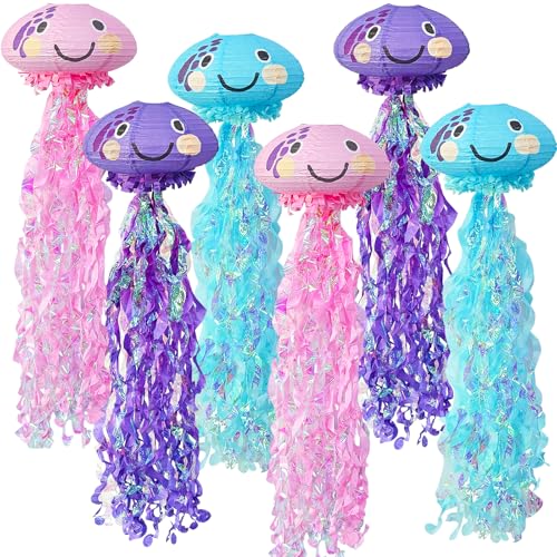Image of Jellyfish Paper Lanterns, Under The Sea Party Decorations, Hanging Jelly Fish Paper Lantern with Smile Face Printed for Mermaid Theme Party Ocean Birthday Decoration Baby Shower Classroom Decor