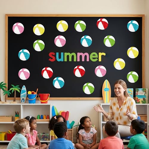 Image of Glitter Beach Ball Cutouts - 100Pcs Colorful Tropical Beach Ball Paper Cut-Outs Decor with Glue Points Summer Pool Balls Cutout Bulletin Board for DIY Art Craft Classroom Wall Hawaiian Party Decors