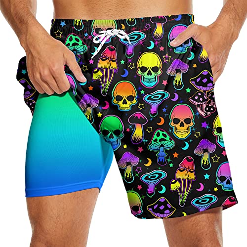 Skull Mushroom Mens Swim Trunks with Compression Lined 7'' Inseam Skull Quick Dry Beach Shorts with Pockets XL