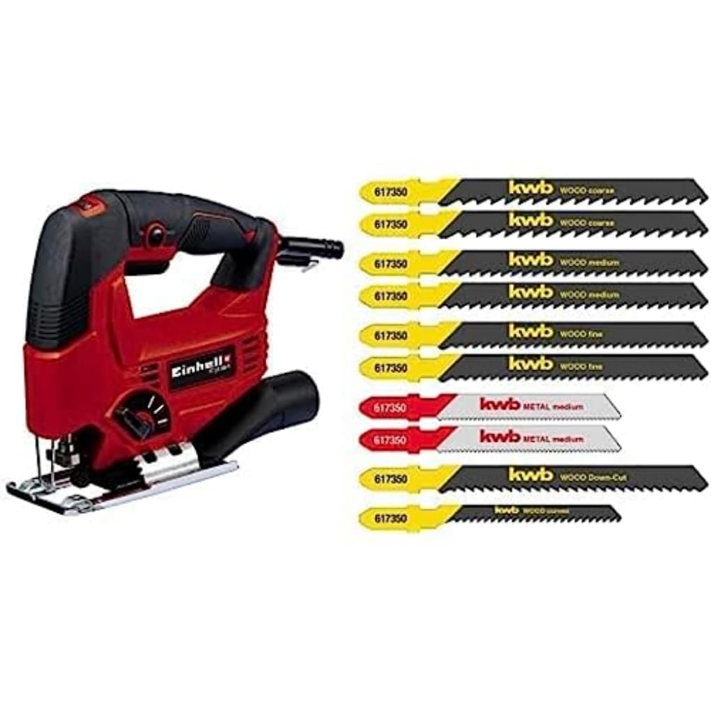 Einhell Scie sauteuse pendulaire TC-JS 80/1 (550 W, Régime 1000-3000 trs/min, Capacité de coupe bois/acier/plastique : 80/10/20 mm, Coupe en biais 45° maximum) + Boîte de 10 lames