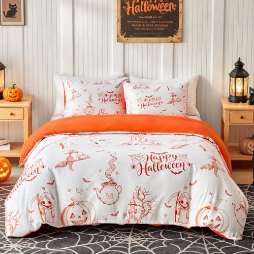 Image of Lekesky Halloween Orange Duvet Cover Queen Size, Pumpkin | Zipper Closure, 8 Interior Ties, Ultra Soft Microfiber Breathable, Machine Washable, 90 inch X 90 inch,with 2 Pillowceses 20 inch X 26 inch