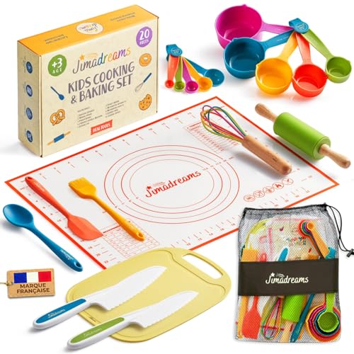 Jimadreams Kinder Backset mit Kindermesser Set - Echte Montessori Küchenutensilien, Küchenset mit Messbecher, Sicheres Kochset & Schneideset für Kinder, BPA-frei - Kochen und Backen ab 3 Jahren