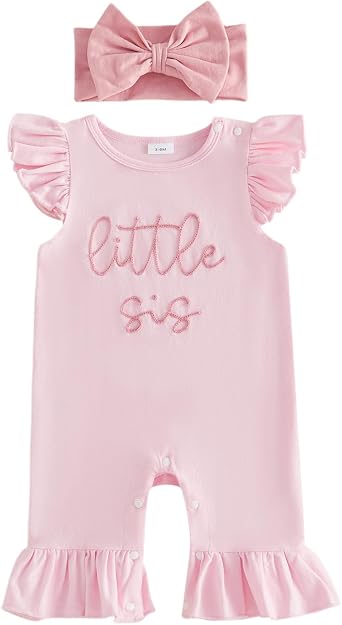 Newborn Baby Girl Clothes Jumpsuit Little Sis Embroidery Ruffle Sleeveless Romper Coming Home Hospital Outfits