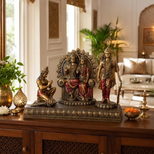 Image of ARMONIA Ram Darbar Idol with Lord Ram, Sita, Laxman & Hanuman Murti | Antique Finish Polystone, Living Room & Office | God Idol Gift for Wedding & Housewarming | 9*12 Inch | Includes Microfiber Cloth