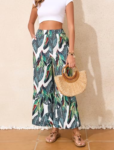 Wide Leg Pants for Women Elastic High Waisted Floral Trousers Beach Summer Casual with Pockets Lounge Palazzo Pants2