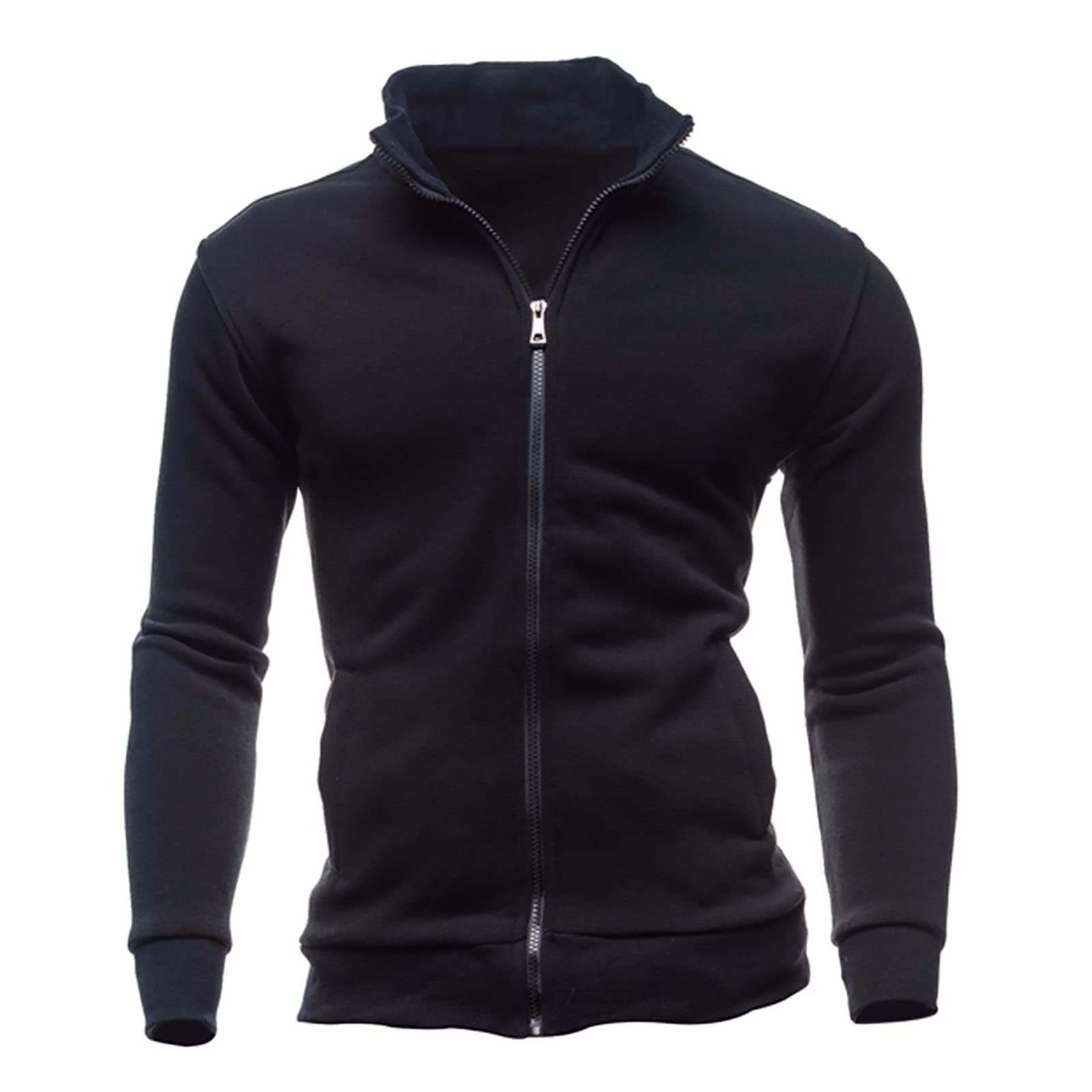 Sudadera de forro polar informal para hombre, deporte de otoño e invierno, color sólido, con cuello alto y cremallera, camisa de fondo para hombre, para culturismo, chaqueta de punto de manga larga