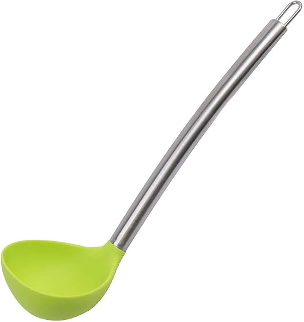 sourcing map Silicone Soup Ladle Spoon 12.4 Inch Length Heat Resistant to 450°F One Piece Stainless Steel Handle Design Restaurant Kitchen Cooking Utensil for Serving Soup Green