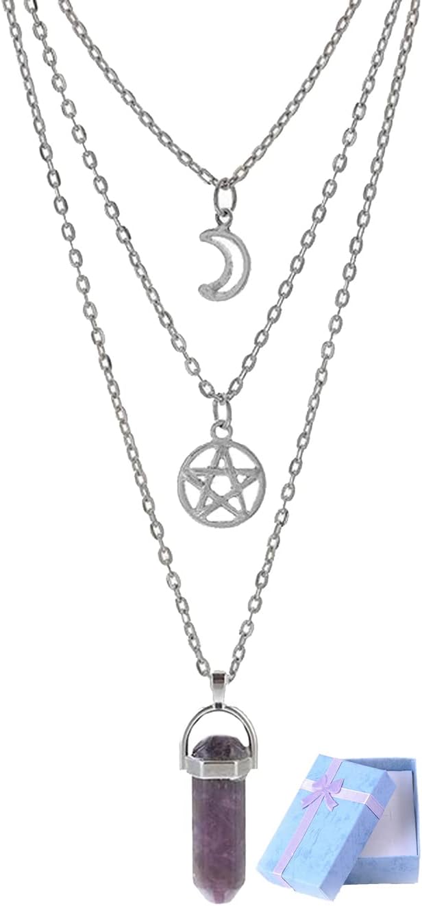 MEITREND Moon Pentagram Necklace Necklace for Women Pentacle Crystal Chakra Necklace Multi Layer Necklace Gothic Charm Pendant Jewelry for Women Girl Christmas Mothers Valentine's Day Gift