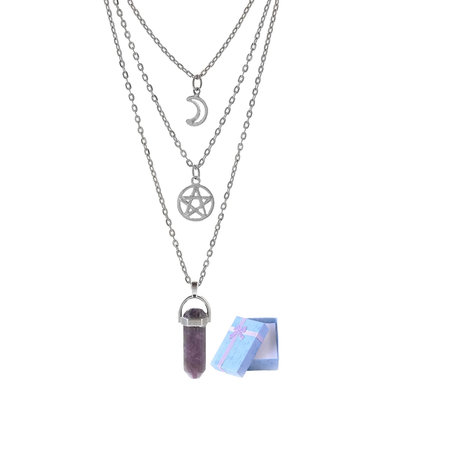 MEITREND Moon Pentagram Necklace Necklace for Women Pentacle Crystal Chakra Necklace Multi Layer Necklace Gothic Charm Pendant Jewelry for Women Girl Christmas Mothers Valentine's Day Gift