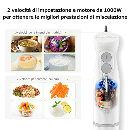 Bonsenkitchen Frullatore a Immersione 2 in 1, Minipimer in acciaio inossidabile da 1000 W, 2 Velocità, con Misurino da 700 ml con Coperchio, per Pappe, Zuppe, Frullati, Puree - Immagine 1