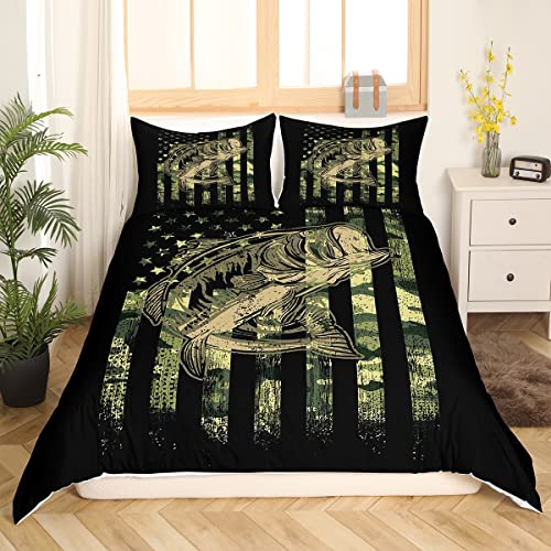 Bass Fish Camouflage Bedding Set Full Pike Fish Camo Duvet Cover For Women Men Room Kids Farmhouse Fishing Decor Comforter Cover Set Fishman Wild Bedspread Cover 3Pcs Zipper Green Black Full Size #TOP2