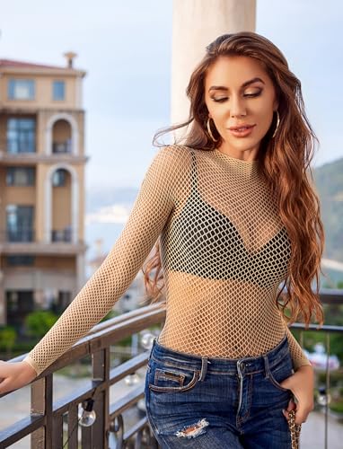 Image of Avidlove Women's Sexy Fishnet Mesh Long Sleeve Tops Mock Neck Sheer Lace See-Through Blouse Bodycon Clubwear Party Tops