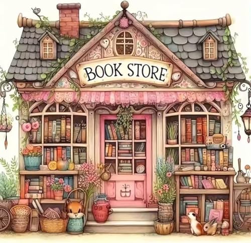 Image of MYBISYMQQ Book Store Cross Stitch Kits for Adults,11CT Stamped Cross Stitch Kits for Beginner,DIY Needlepoint Embroidery Patterns Kits Embroidery Patterns for Home Wall Decor 13.7x13.7 inches