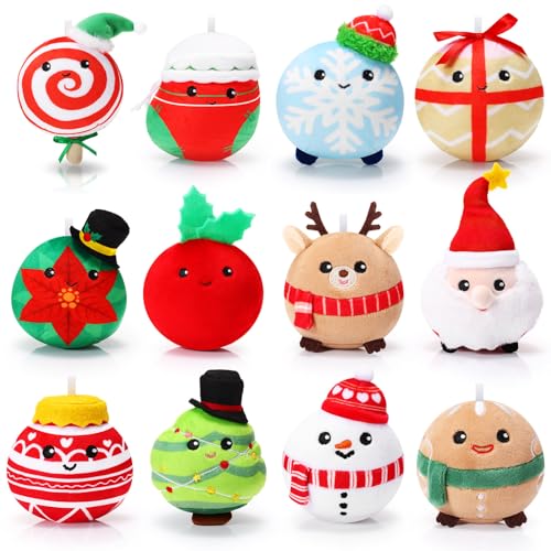 Aoriher 12 ornamentos natalícios de peluche 8 cm brinquedo de boneco de pelúcia de pai Natal alce boneco de neve homem de gengibre árvore de Natal bola de neve floco de neve caixa de presente meia