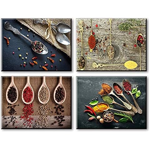 Piy HD Spice and Spoon Canvas Wall Art Painting Waterproof Bracket Mounted Print in Real Wood Giclee Photo Image Artwork on Canvas for Home Décor Dinning Room/kitchen Restaurant 12"x16"x1"x4pics Cover