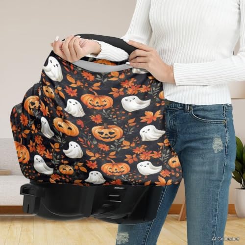 Image of Wanyint Baby Car Seat Cover Stretchy Carseat Canopy Baby Breastfeeding Stroller High Chair Shopping Cart Cover Infant Nursing Scarf Halloween Decoration, Pumpkin Ghost Fall Leaf