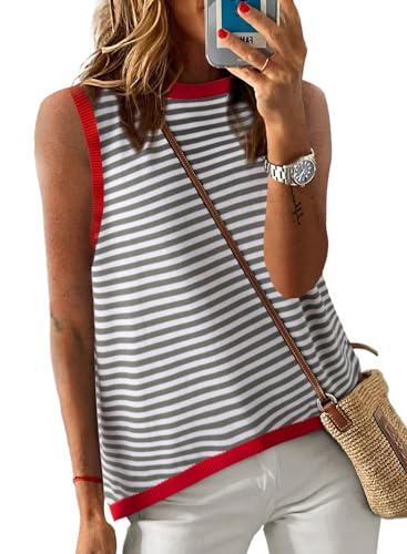Image of Dokotoo Womens Summer Tops 2026 Casual Striped Color Block High Neck Tank Top Loose Knit High Low Sleeveless Shirts Blouses