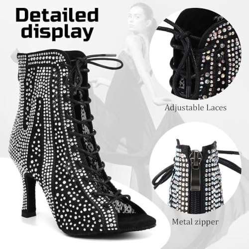 Ballroom Latin Dance Boots for Women Rhinestone Open Toe Dacing Heel 3 1/3 Inch3