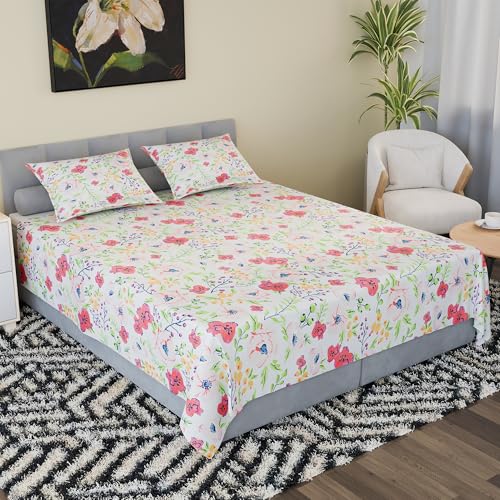Image of Kuber Industries Cotton 200 TC Double Bedsheet With 2 Pillow Covers | Machine Washable Soft Bedsheet For Living Room, Home & Hotels | Flower Print - Pink & White