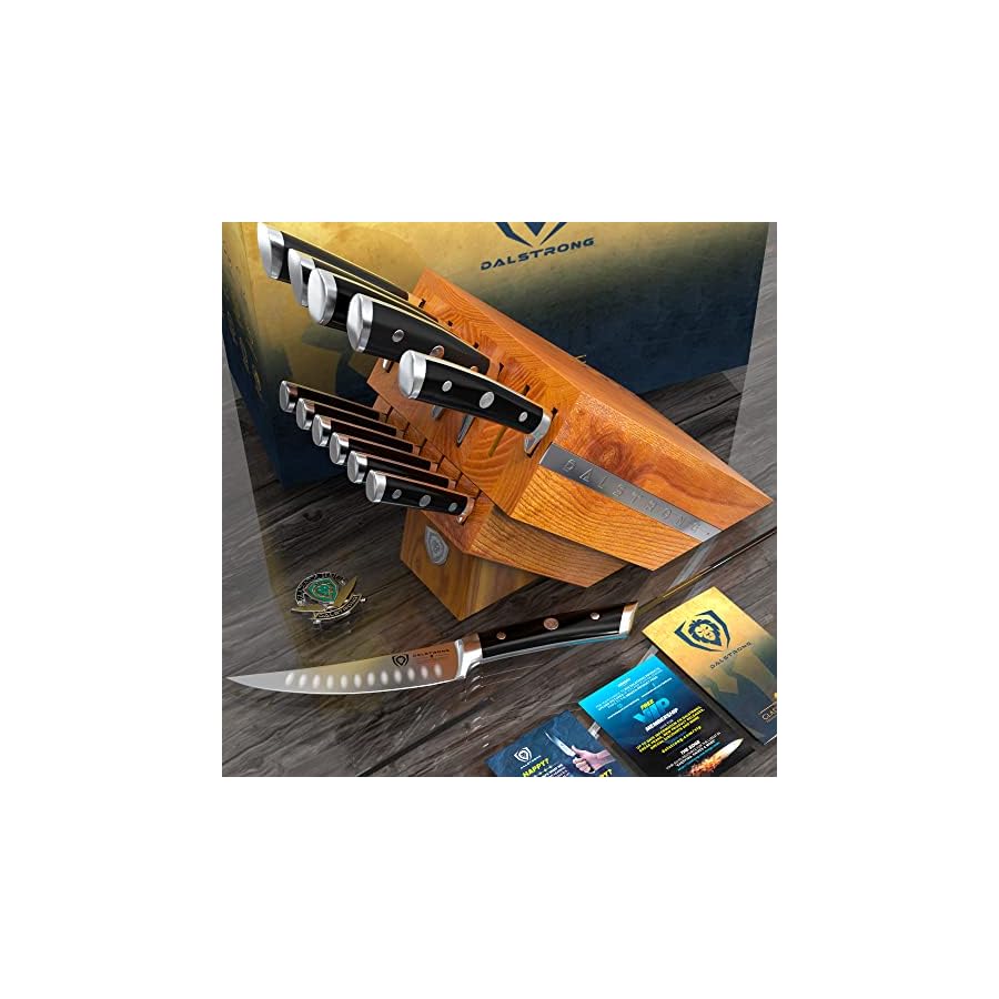 DALSTRONG-12-Piece-Knife-Block-Set-Gladiator-Series-Black-Handles-German-HC-Steel-Hand-made-Manchurian-Ash-Wood-Block-NSF-Certified DALSTRONG Gladiator Series Elite 12-Piece Stainless Steel Knife Set with Block-Handmade Manchurian Ash Wood-German High-Carbon Steel-Gift Wooden Knife Block Set w/Black Handles-NSF Certified