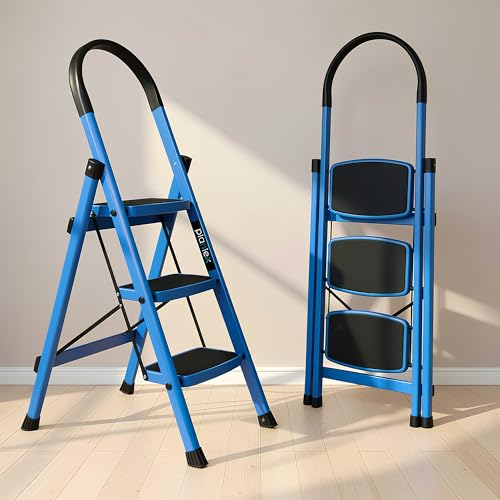 Image of Plantex Premium 3 Step Steel Ladder for Home /Heavy Duty Foldable Stool with Wide Anti-Skid Steps /Portable Multipurpose Ladder /5 Year Warranty (Blue & Black)