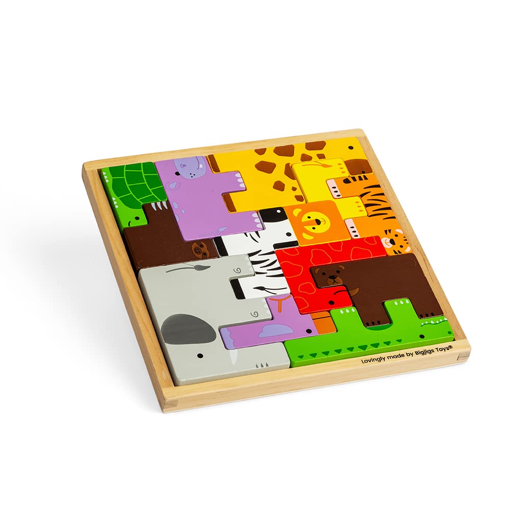 Bigjigs Toys Animal Lock-a-Block Puzzle - 11 szt. Puzzle Building Block & Stacking Animals Toy in One, Puzzle Games for 3, 4, 5 Year olds, Tangram Puzzle dla dzieci