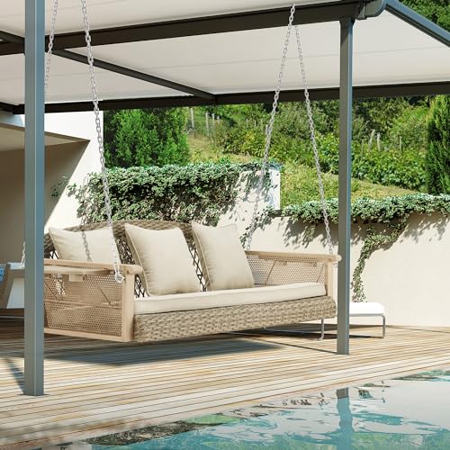 Image of HOMREST 3-Person Wicker Porch Swing with Upgraded Cup Holder, 56 Inch Patio Hanging Swing Bench Chair with Cushions, Outdoor Swing 900lbs Capacity Chains for Deck Garden Backyard (Beige)