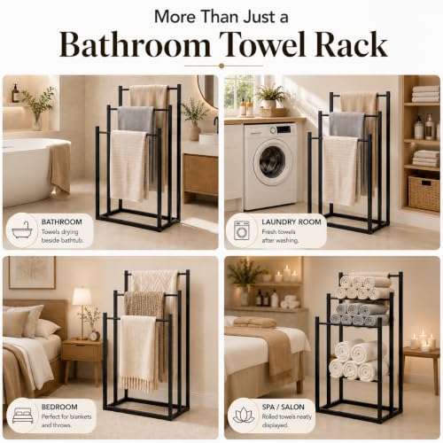 Image of Towel Rack Stand for Bathroom | 3-Tier Metal Towel Holder | Rust Resistant Powder-Coated Steel | Space Saving Towel Drying Stand for Bath Towels, Hand Towels & Blankets | Black /White