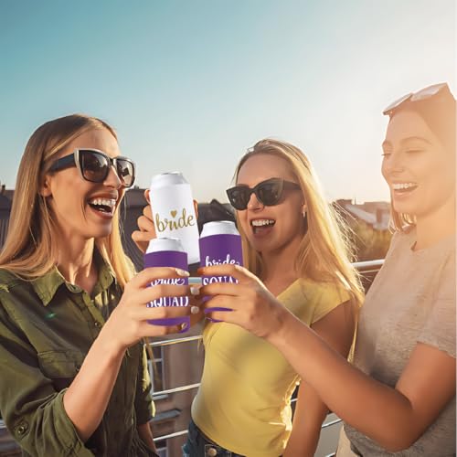 Image of PartyGifts&Beyond Bridesmaid Gifts Can Cooler 10Packs Bachelorette Party Decorations Slim Can Cooler Bride Squad Can Sleeves(Purple)