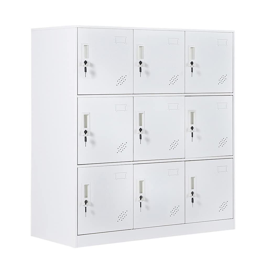 HomeNice 9 Doors Metal Storage Cabinet with Card Slot, Organizer,Shoes and Bags Steel Locker for Office, Home, Bank, School, Gym (White)